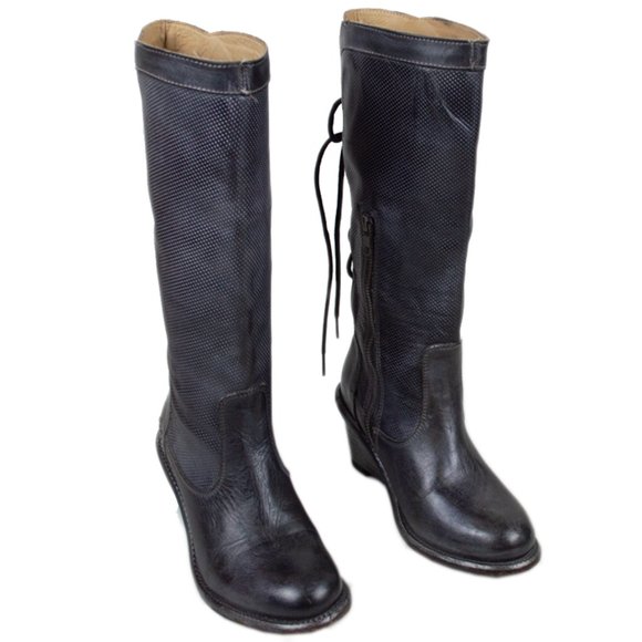 BED STU Empress Black Rustic Wedge Lace-Up Distressed Leather Tall Boots - Picture 5 of 16